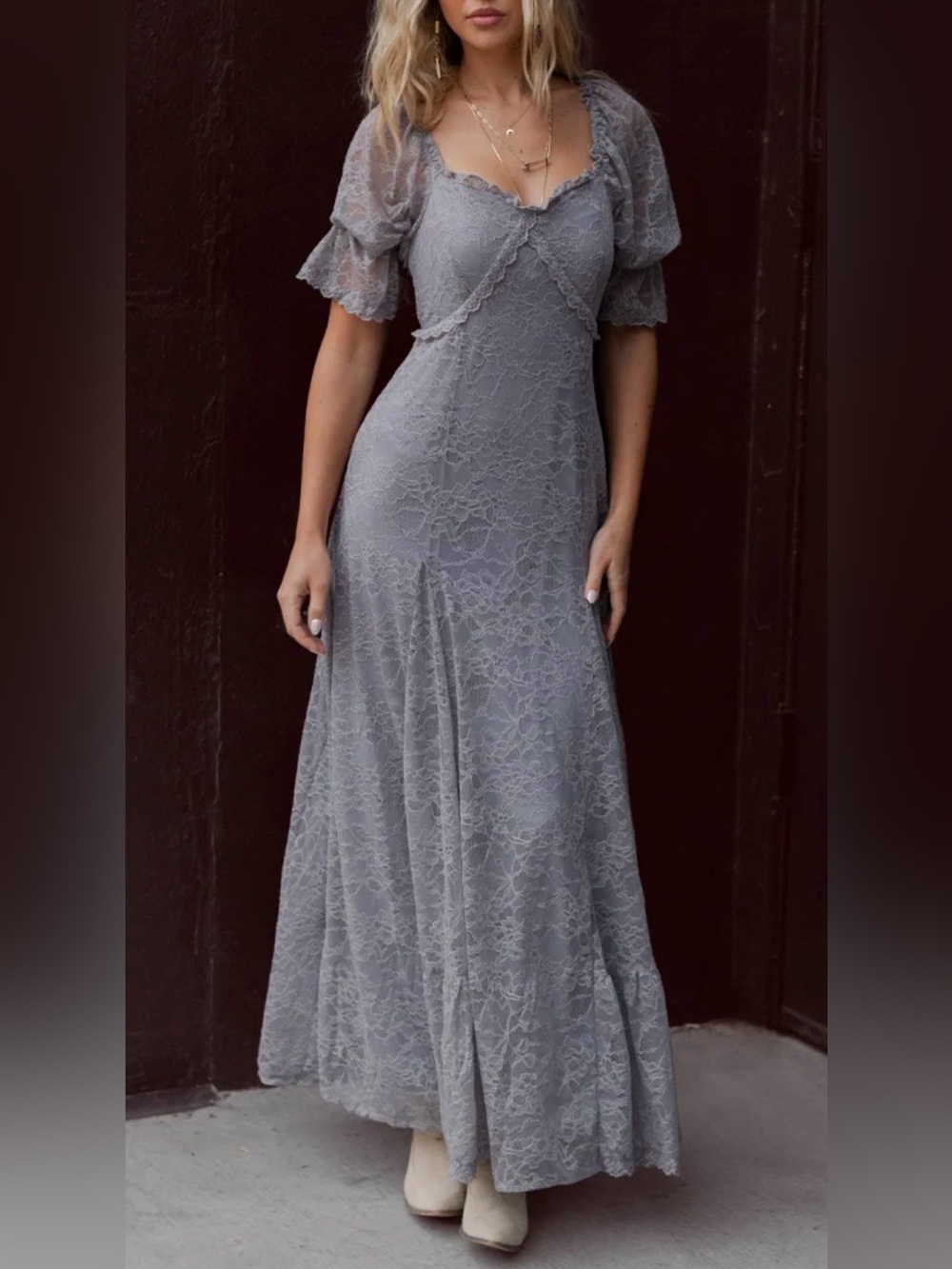 Joyfolie Blue Gray Lace Maxi Dress with Puff Sleeves medium Euc